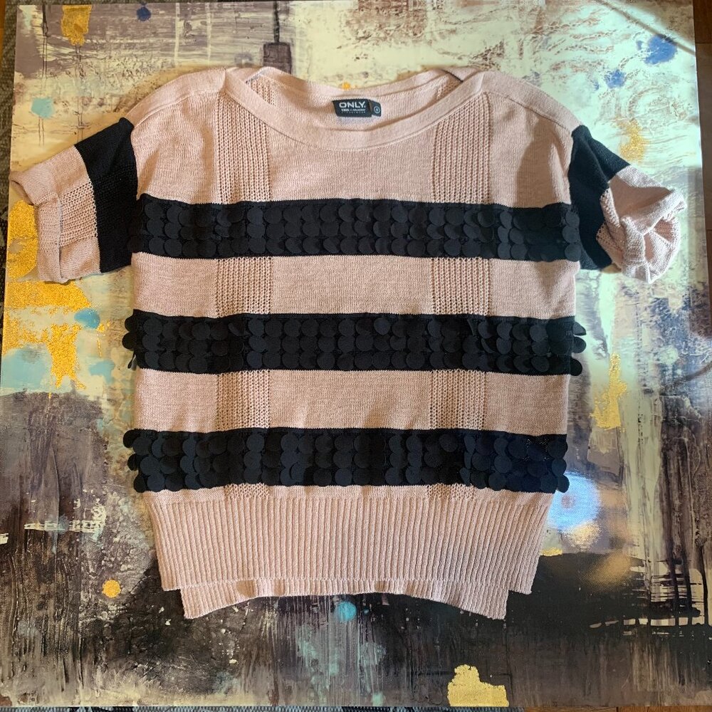 Only Knit Short Sleeve Sweater Black Tan Stripe Size M Casual Funky Secretary